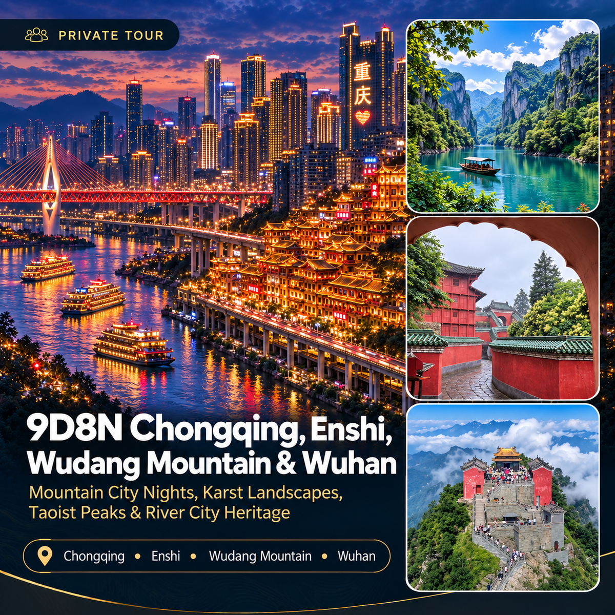 9D8N Chongqing, Enshi, Wudang Mountain and Wuhan Private Tour