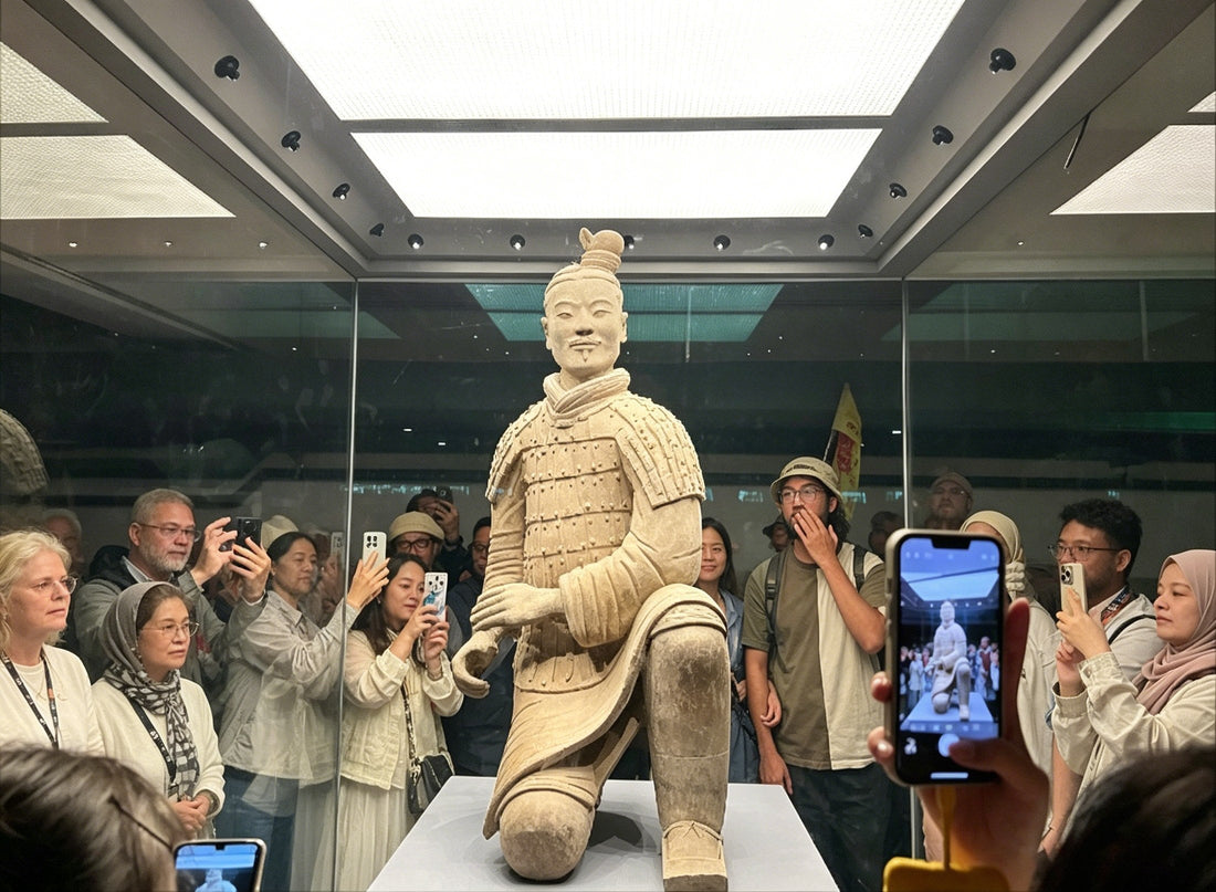 Xi'an Lintong day tour route map showing Terracotta Warriors in the morning, Huaqing Palace in the afternoon, hotel pickup timing, lunch stop, and optional Song of Everlasting Sorrow night show.