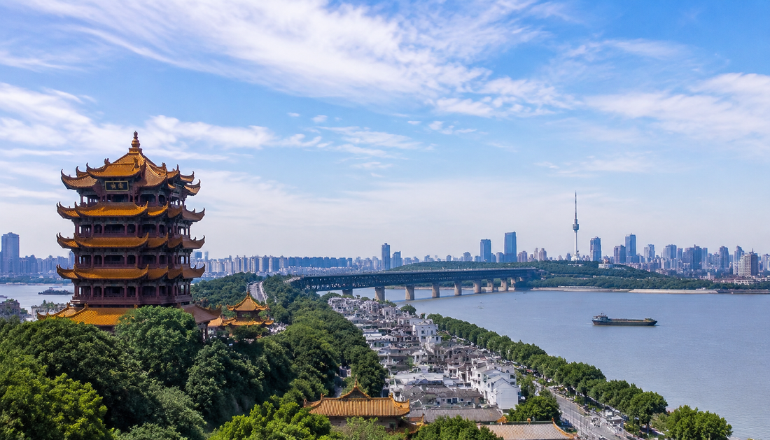 Yellow Crane Tower and Yangtze River views at sunset in Wuhan