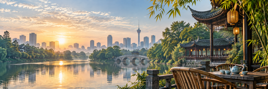 Chengdu tea house and skyline at sunrise