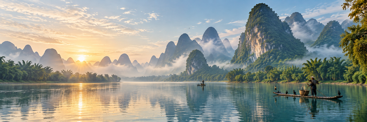 Guilin Li River karst landscape at sunrise