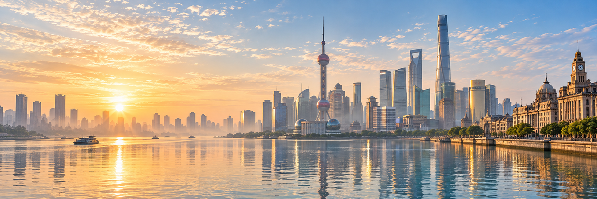 Shanghai skyline and Huangpu River at sunrise
