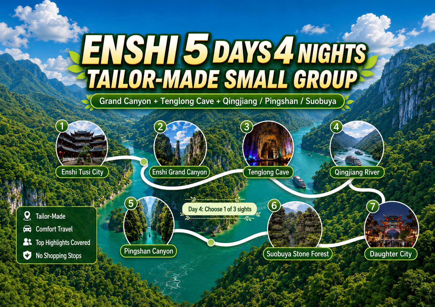 Enshi 5-day 4-night tailor-made small-group route poster with safe margins for Shopify product gallery display