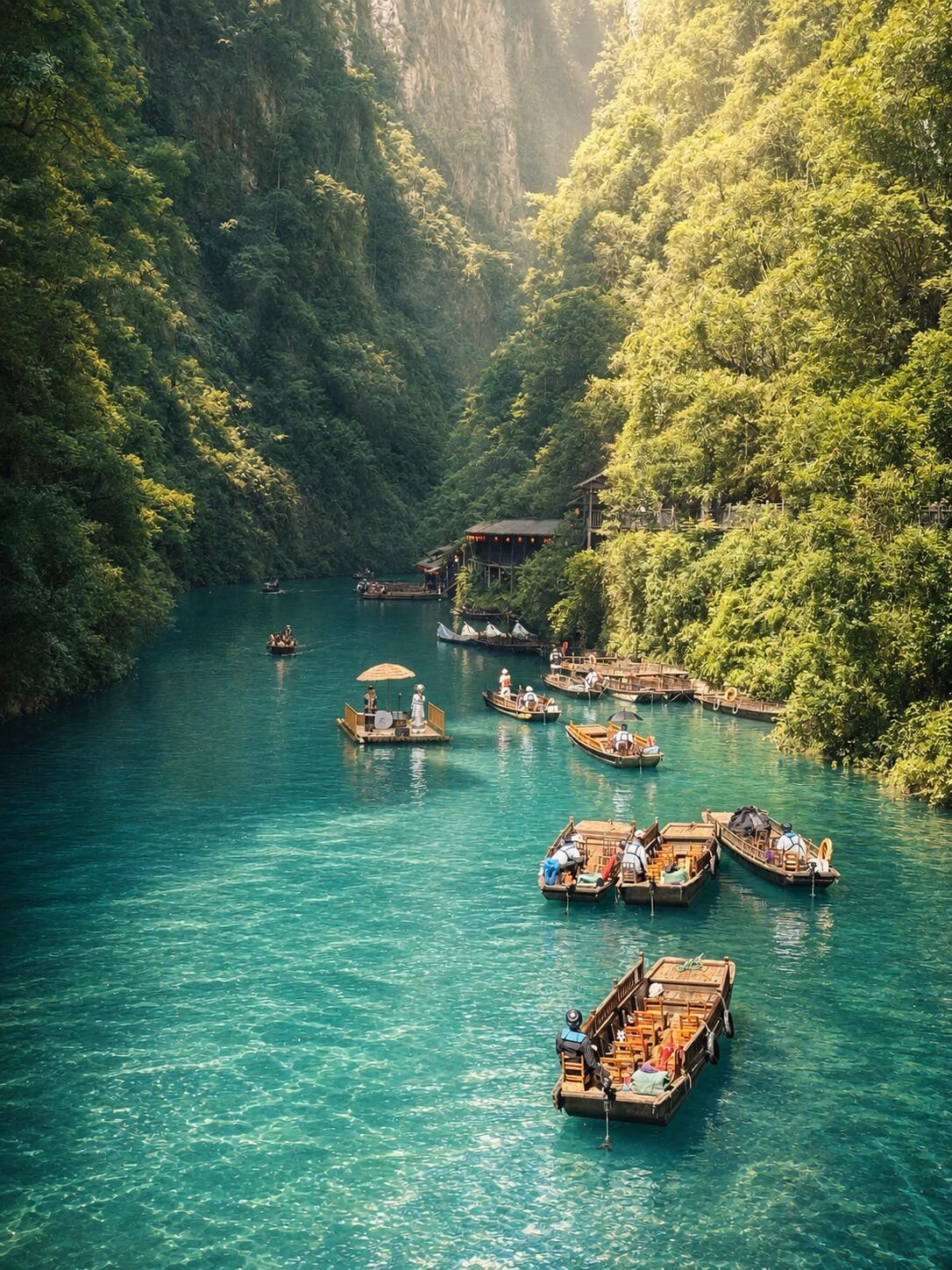 Traditional boats on turquoise water in Pingshan Canyon, Enshi