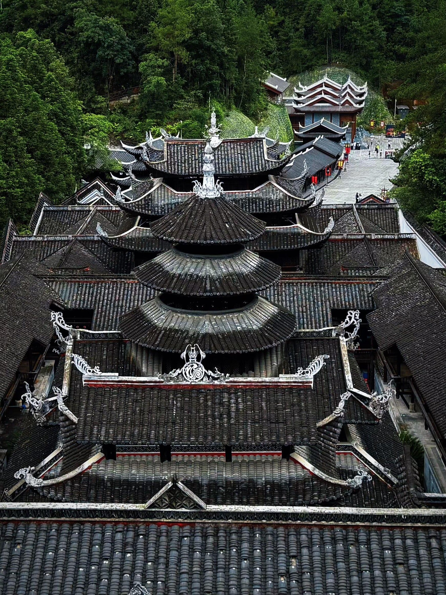 Layered traditional rooftops and Tujia architecture at Enshi Tusi City